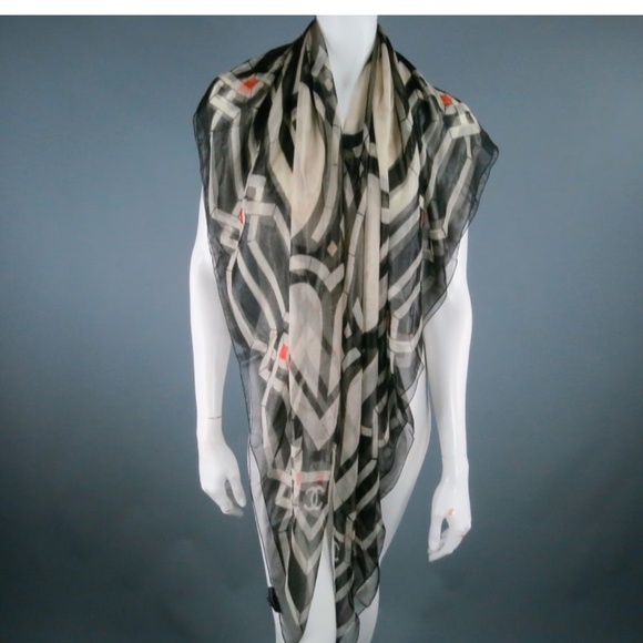 CHANEL Metallic Black & Cream Print Sheer Silk Scarf in Chanel Gift Box - Picture 3 of 16